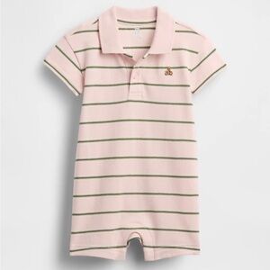 New Baby GAP Baby Pique Polo Shorty One-Piece Pink Bear Stripes 0-3 Months NWT